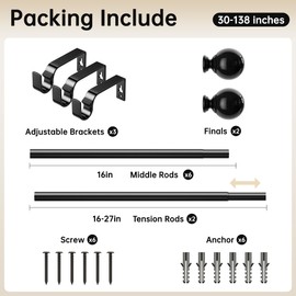 Extendable Curtain Rods 30-138 Inch, Dia 3/4" Splicing Adjustable Curtain Pole with 44mm Metal Ball Finials for Eyelet Curtains, Drapery Rods for Bedroom, Living room, Office