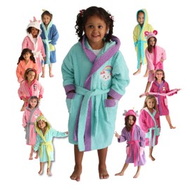 LEBENGOOD - Bathrobe for Girls, Children - 100% Cotton Oeko-Tex® - 2 Pockets, Belt, Hood, Plush Very Soft with Embroidery, Happy shower