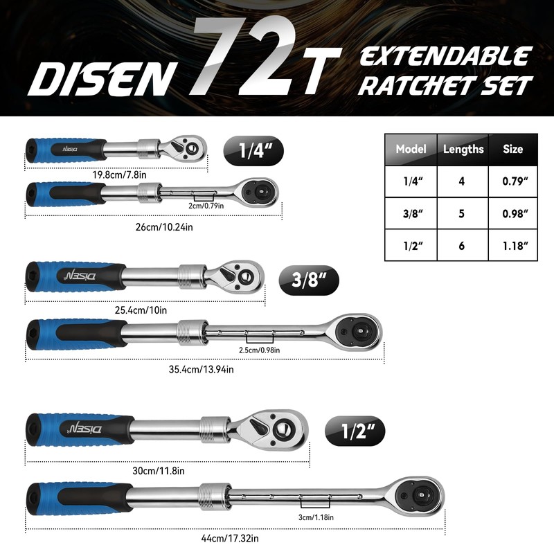 DISEN 3PCS Extendable Ratchet Wrench Set,1/4" 3/8" 1/2" Drive 72-Tooth,