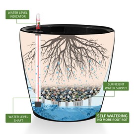 Dexceder 15x14 Self Watering Planter with Wheels Indoor Outdoor, Inner Pot Design, Thickened Large Floor Standing Flower Plant Pot with Water Level Indicator (Black Matte)