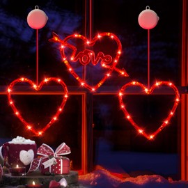 LYUBASA 3 Pack Valentines Day Window Lights Decorations with Timer, Battery Powered Hanging Red Lighted Heart Shaped Silhouette Sucker LED Lamp for Fireplace Indoor Home Decor