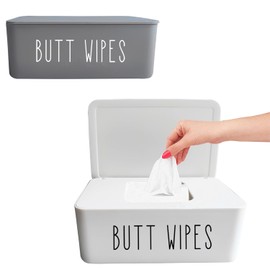 Moorfowl 2 Pack Butt Wipes Dispenser 7.28" L * 4.80" W * 2.75" H, Flushable Wipes Dispenser for Bathroom Chic Style Baby Wipes Container Nursery Diaper Wipe Holder Box(Grey White)