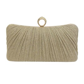 Womens Golden Glitter Clutch Purse Pleated Evening Bag for Bridal Wedding Party with Rhinestone Ring (Gold), Gold