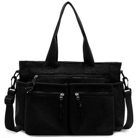 Keyck Handbag Women's Corduroy Shoulder Bag Women's Medium Tote Bag with Zip Crossbody Bag Women's Shopper Bag Handbag Shoulder Bags for Work Office Travel Shopping School, black