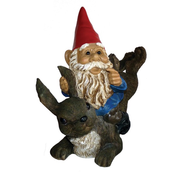 Garrold Gnome on a Rabbit by Michael Carr Designs - Outdoor Gnome and Rabbit Figurine for gardens, patios and lawns (80037)