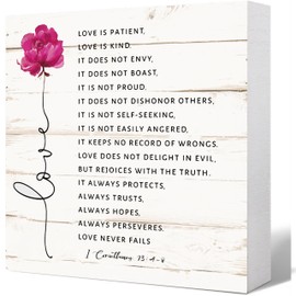Christian Wood Sign, Bible Verse 1 Corinthians 13:4-8 Sign - Tabletop Scripture Box Sign, Love Verse Home Decor, Wedding Gift, Anniversary Plaque (5x5 Inches)