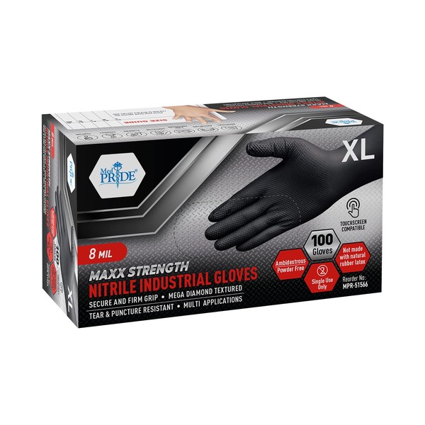 MED PRIDE Maxx Strength Nitrile Industrial Gloves, 8 Mil Thick [100 Gloves/XX-Large] - Diamond Texture Disposable Safety- Heavy-Duty, Tear-Resistant Mechanic Automotive Food Handling Gloves- Black
