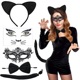 Pack of 5 Women's Cat Costume, Cat Costume Accessories, Cat Ears, Headband, Cat Tail, Masks, Cat Face Stickers, Cat Costume Women for Carnival, Fancy Dress, Theme Party, Cosplay