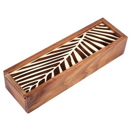 Wooden Pencil Case Box, Storage Box for Desk and Drawer, Hollow Pen Holder, Desk Organiser, Rectangular Drawer Box Made of Wood, Hollow Pen Holder 19.5 x 5.6 x 4 cm (Leaf Type)