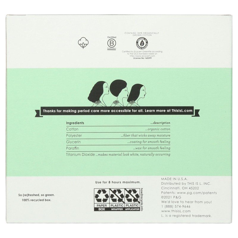 L. Organic Cotton Tampons Multipack, Light and Regular, 42 Ct