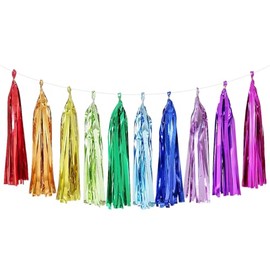 Rainbow Tissue Paper Tassel Garland Pre-Assembled 10 Colors Paper Tassel Colorful Paper Tassel Garland Table Decor for Christmas Birthday Wedding Bridal Shower Party (foil Rainbow tassl)