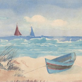 CONCORD WALLCOVERINGS ™ Wallpaper Border Nautical Pattern Seashore Waves Sailboats for Cottage Beach House, Beige Blue, 15 ft by 7 in KB75522