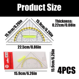 Set of 4 Set Square with Handle, Geometry Triangle Ruler Set, Triangle Ruler, Protractor School, 16 cm Large, Small, Flexible, Geo Triangles, Multifunctional, Transparent Plastic Drawing Aid for