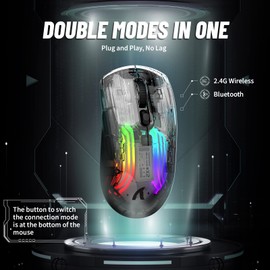 Wireless Gaming Mouse With Full Transparent Design,Double Mode 2.4G/Bluetooth Mouse,3D RGB Backlit,Ergonomic Silent Mouse with 7 Buttons,Rechargeable Wireless Computer Mice for Laptop,PC,Mac(Black)