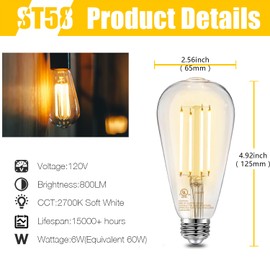 DAYBETTER Vintage LED Edison Bulbs, E26 Led Bulb 60W Equivalent, Dimmable Led Light Bulbs, High Brightness 6W 800 LM Warm White 2700K, ST58 Antique LED Filament Bulbs, Clear Glass, 12 Pack