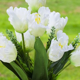 Enova Floral 9 Heads Artificial Flowers Mixed Cream Silk Tulips with White Lavender Fake Flowers Arrangement in Tapered Pot for Home Office Garden Decoration