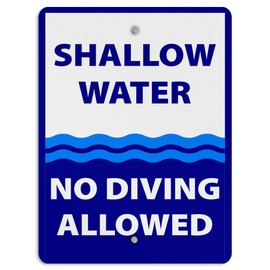 Aluminum Vertical Metal Sign Multiple Sizes Shallow Water No Diving Allowed Activity Pool Blue Swimming With Border Weatherproof Street 18x24Inches