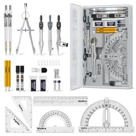 Nicpro 22 PCS Compass Geometry Tools with Case, Drafting Tools Geometry Set with Swing Arm Protractor, Rulers, Metal Compass, Square Set, Mechanical Pencil, Back to School Supplies for Students