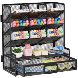 Marbrasse Larger Mesh Desk Organizer with Drawer, Multi-Functional Pen Pencil Holder, Easy Assembly, Desk Organizers and Accessories for Office Art Supplies (Black)