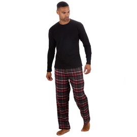 Mens Long Sleeve Plain Top Checked Bottoms Sleepwear Pajama Set Crew Neck Warm Cozy Super Soft Adults Loungewear (RED-Black, S)
