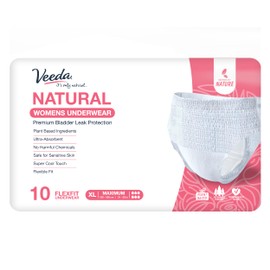 Veeda Natural Adult Incontinence Underwear for Women - Postpartum Underwear for Bladder Leakage Protection - Disposable Underwear with Maximum Absorbency - X-Large Size - 10 Count