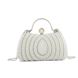 LeahWard Pearl Beaded Evening Clutch Bag, Elegant Bridal Handbag with Metal Handle and Chain Strap, (White)