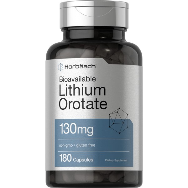Horbaach Lithium Orotate 130mg | 180 Capsules | Non-GMO, Gluten Free | 5mg Bioavailable Elemental Lithium