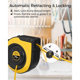 WILAWELS Retractable Cord Reel, 75 FT Heavy Duty Extension Cord, 14AWG/3C SJTOW, 3 Grounded Outlets Lighted Triple Tap, 10A Circuit Breaker, Wall/Ceiling Mounted, UL Listed, Yellow Y75CR06