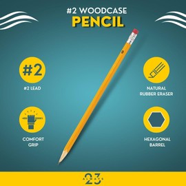 Always23 WoodCased Pencils, Yellow, Pre-sharpened, Pencils with Erasers, 2 HB 48 Pack