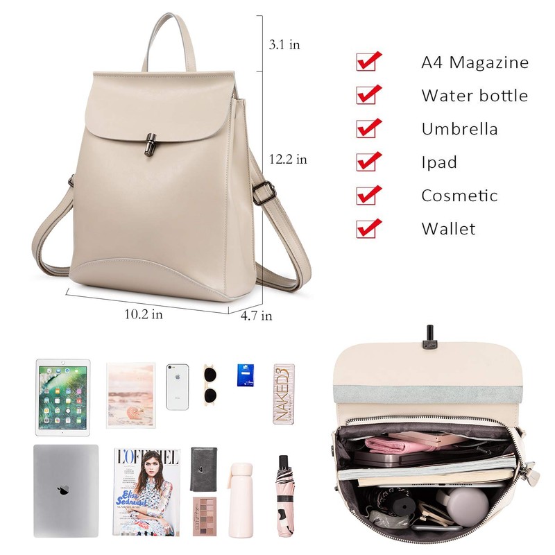Realer Genuine Leather Backpack / Shoulder Bag For Women, beige