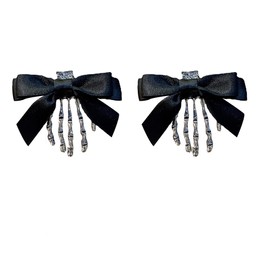 2Pcs Skeleton Hand Hair Clips with Bowknot - Cute Skull Claw Hairpins for Girls, Party Cosplay (Black, One size)