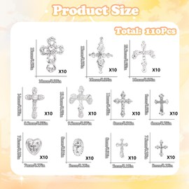 110 Pcs Cross Nail Charms Silver, Sliver Crosses Nail Gems Charms, 11 Styles Y2K Alloy Cross Nail Jewelry Charms for Nail Supplies DIY Accessories