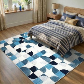 Washable Area Rug 5x7 Geometric Style Modern Rugs for Living Room, Blue Checkered Rug Soft Low Pile Lightweight Rugs Indoor Non Slip Mat Stain Resistant Carpet for Bedroom Playroom Kids, Navy