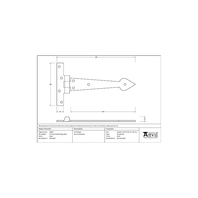 From The Anvil Black 6 Inch Arrow Head T Hinge