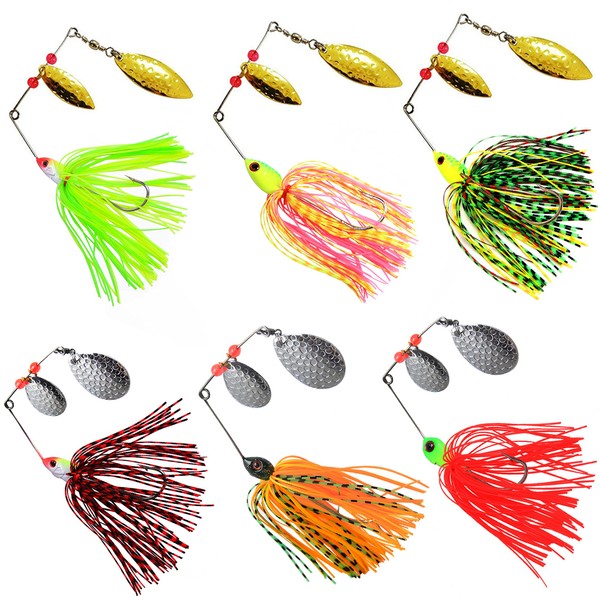 Spinner Baits Fishing Lures Kit, Hard Metal Buzz Bait Jigs Colorado Willow Leaf Spinnerbait Blades Swimbaits Fishing Tackle Spinner Bait for Bass Pike Trout Salmon Fishing (6pcs)