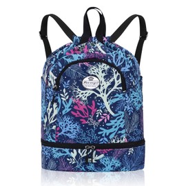 HUA ANGEL Lightweight Drawstring Backpack with Shoe Compartment, Waterproof for Sports Gym Travel Swimming Basketball Soccer, Branch and Leaves, Sporty