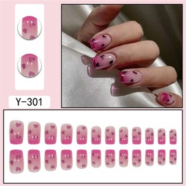 24Pcs Valentines Nails Press on Nails Medium Coffin Nails French Tip Fake Nails with Nail Glue Pink Glitter Glossy Acrylic Nails Supply Valentines Heart False Nails Stick on Nails for Women