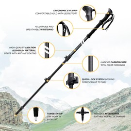 Twsitte Collapsible Hiking Poles,1 Poles Lightweight Aluminum Adjustable Walking Poles,Carbon Fiber Trekking Poles with Flip Lock and EVA Grips Suitable for All Kinds of Travel（Black）