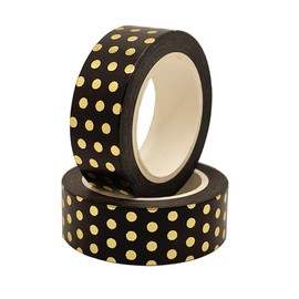 Jukway 2 Rolls Washi Tape Set, Gold Foil Print, Masking Tape Pattern, Decorative Tape for DIY Scrapbooking, Crafts, Gift Wrapping, 15 mm x 10 m/Roll (Gold Dots, Black)