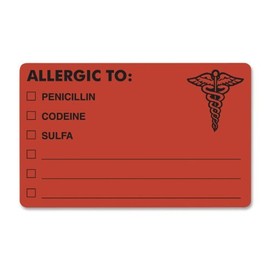 Tabbies"Allergic to:" Medical Allergy Labels, TAB00488, 4" x 2 1/2", Fluorescent Red, Roll of 100