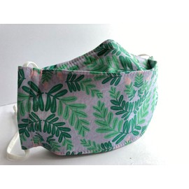 Fiona - Origami/3D Structured Fabric Face Mask - 4 Layers - Washable - Nose Strip - Filter Pocket - Soft Elastic - Ribbon Lanyard - Lavender Purple Greens Pink Leaf Print (Small, Youth or Petite)