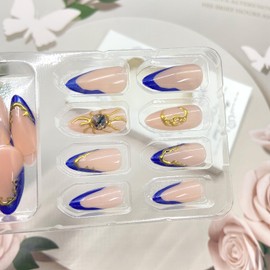 Vopintpy Blue Cat Eye French Tip Press on Nails 3D Gold Sun Moon Fake Nails with Rhinestones Design Glossy Long Almond Acrylic Glue on Nail Reusable Full Cover Stick on Nail for Women DIY Manicure