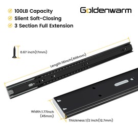 goldenwarm 1 Pair Soft Close Drawer Slides 16 Inch Black Heavy Duty Side Mount Full Extension Ball Bearing Dresser Cabinet Drawer Glide 100 LB Capacity