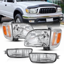 6pc-kit Headlights with Corner&Bumper turn signal Lights Assembly for 2001 2002 2003 2004 Toyota Tacoma Pickup Truck Replacement Headlamps Chrome Housing Clear Lens Driver and Passenger Side(LH&RH)