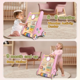 Baby Walker with Wheels, Wooden Push Walker Toys for Babies 6-12 Months, Baby Girl Walking Activity Toys for 1 Year Old