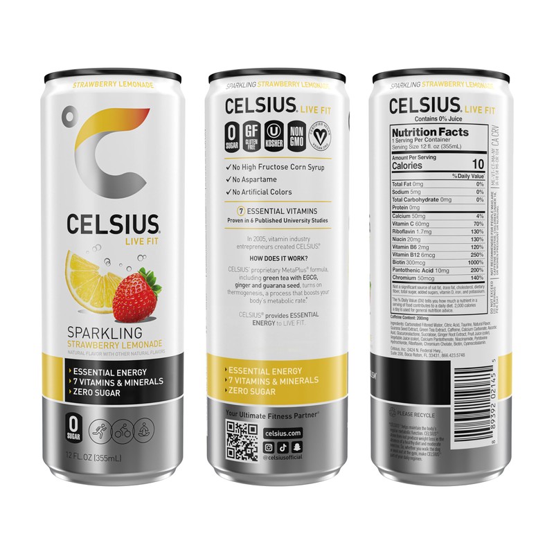CELSIUS Sparkling Strawberry Lemonade, Functional Essential Energy Drink, 12 Fl