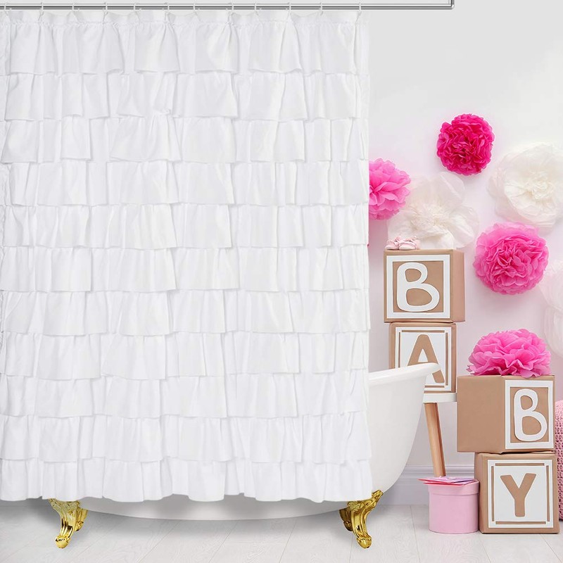 WestWeir Ruffle Shower Curtain,84-inches Extra Long,White Ruffled Bath Curtains for