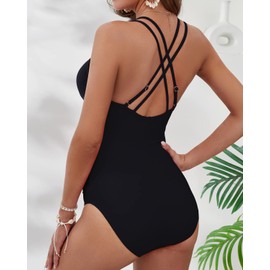 KI LAPHEE One Piece Swimsuits for Women Tummy Control Bathing Suits Criss Cross Back Swimwear-Black-XL