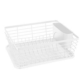 WENKO Dish Drainer Mod. Drip Dish Drainer with Cutlery Basket and Drip Tray Metal Powder Coated Plastic PP 36 x 15 x 30 cm White