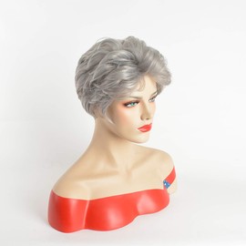 Umeet Short Fluffy Curly Wavy Hair Natural Grey Synthetic Wigs With Bangs for Women With Wig Cap, Gray